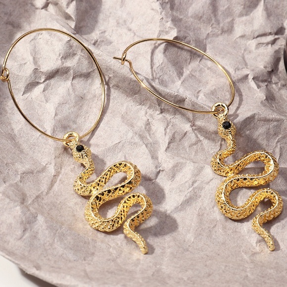 Exotic Gold Hanging Snake Hoop Earrings! - Picture 3 of 8